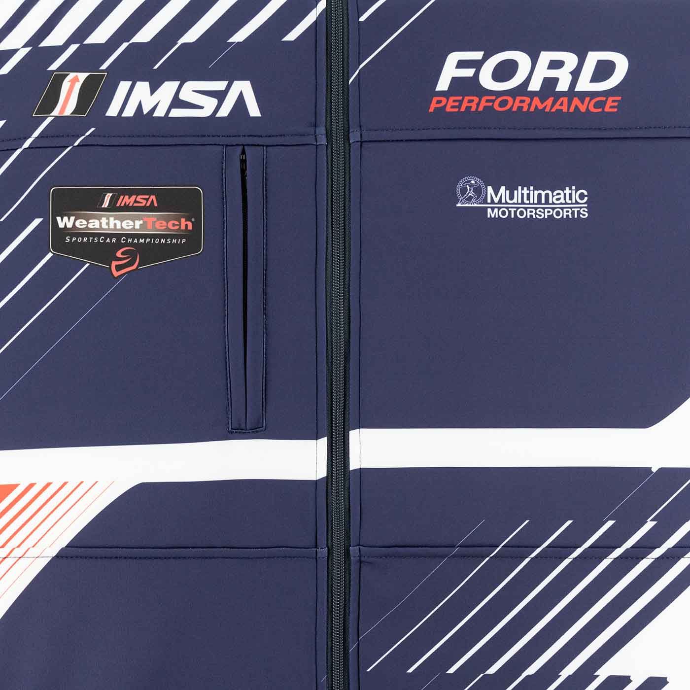 Navy jacket with Ford Performance and IMSA branding on a blue background