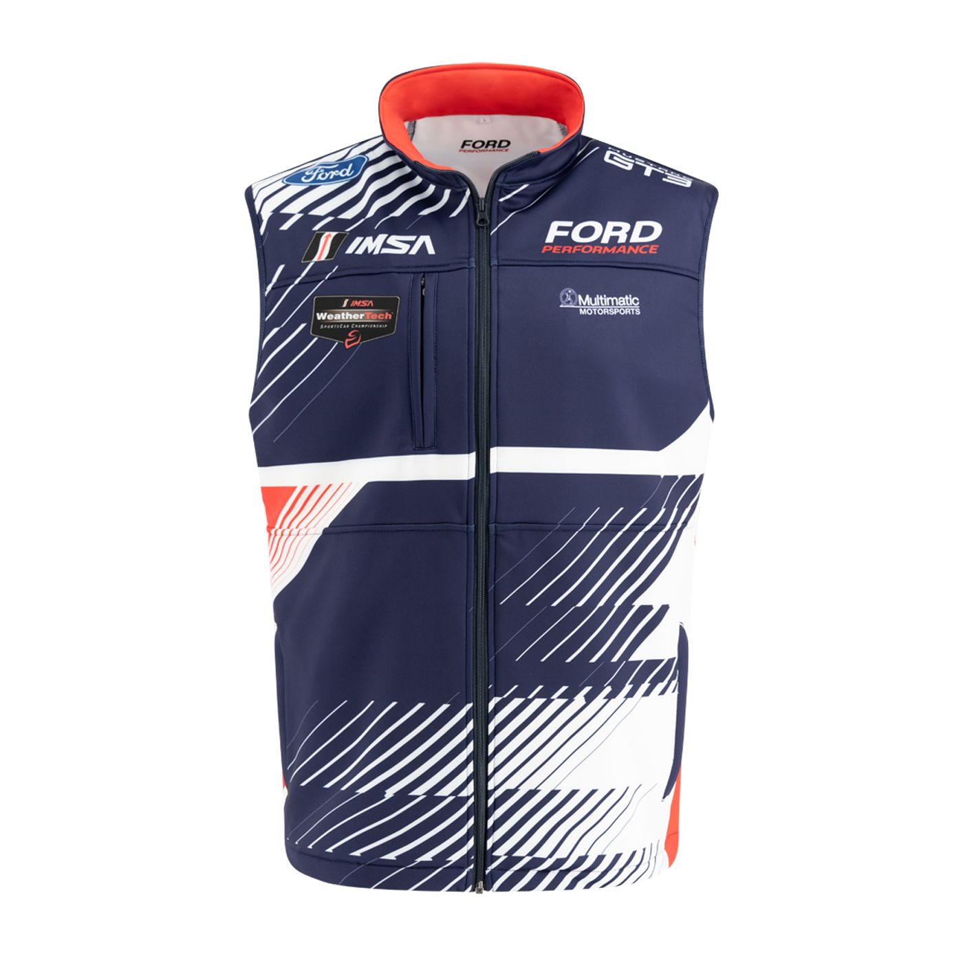 Navy blue racing vest with Ford Performance branding on a white background