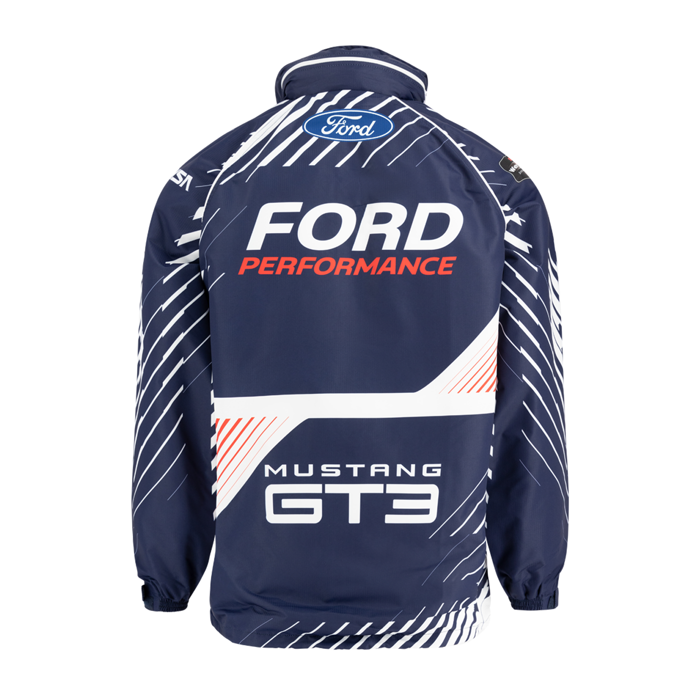 back of blue jacket with ford oval, ford performance letters, and Mustang GT3 logo