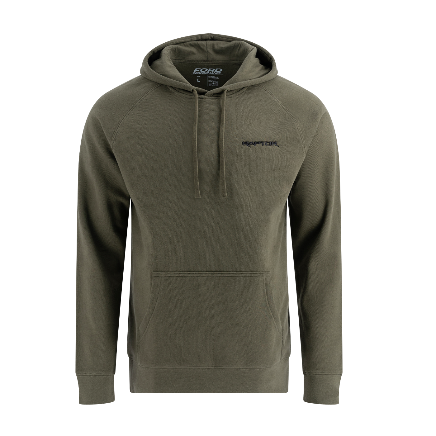 A green Ford Trucks Raptor hoodie with a front pocket and drawstrings.