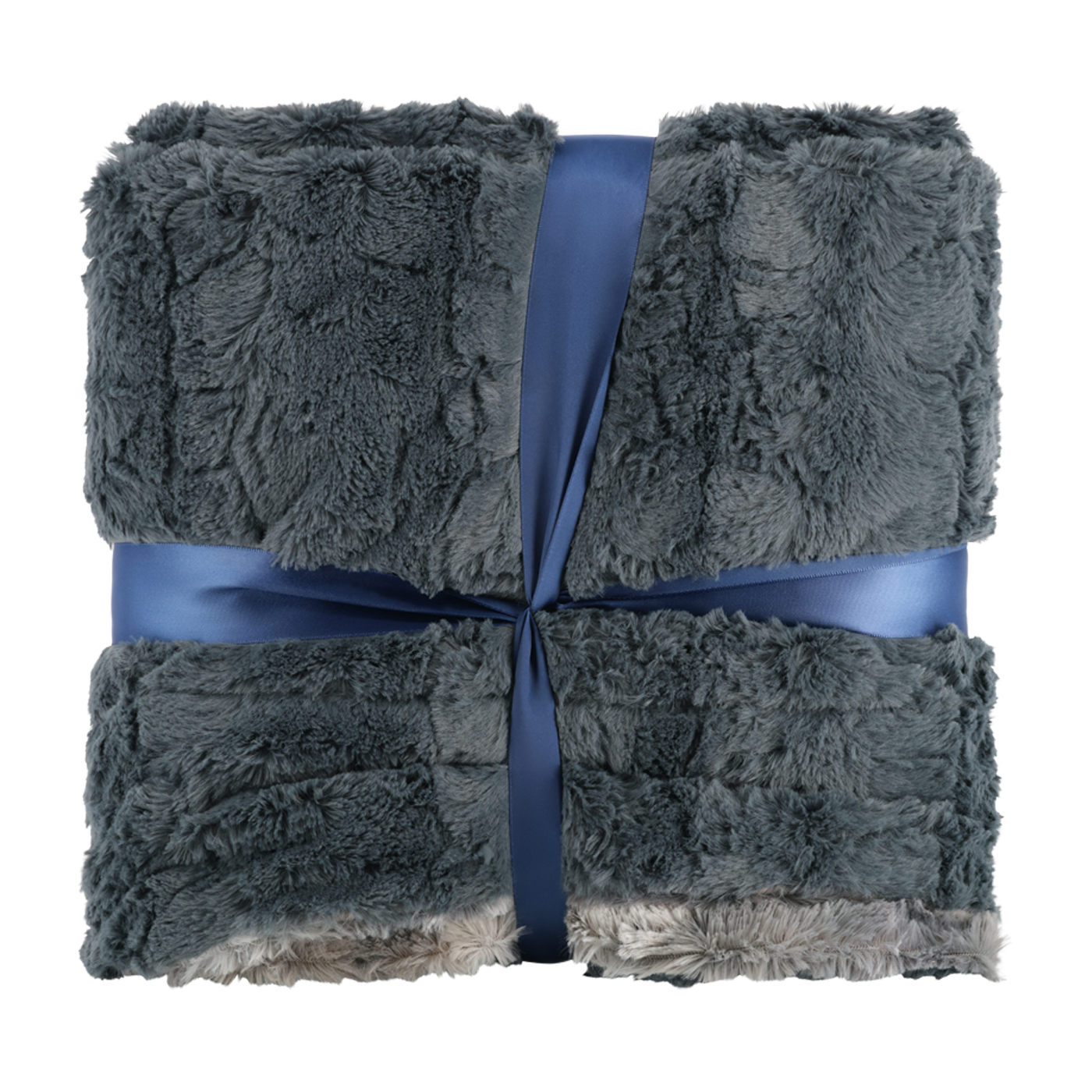 Gray textured blanket tied with a blue ribbon on a white background