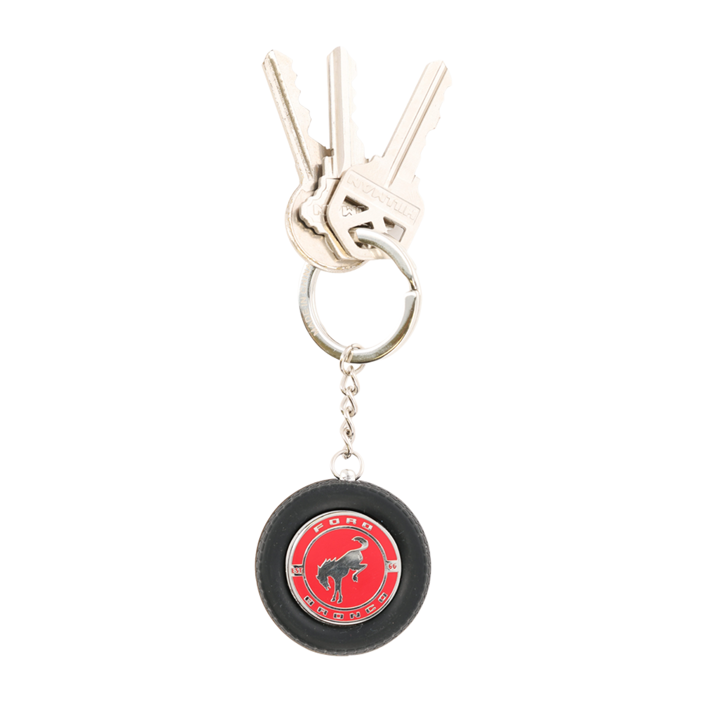 Keychain with a red and black design on a white background