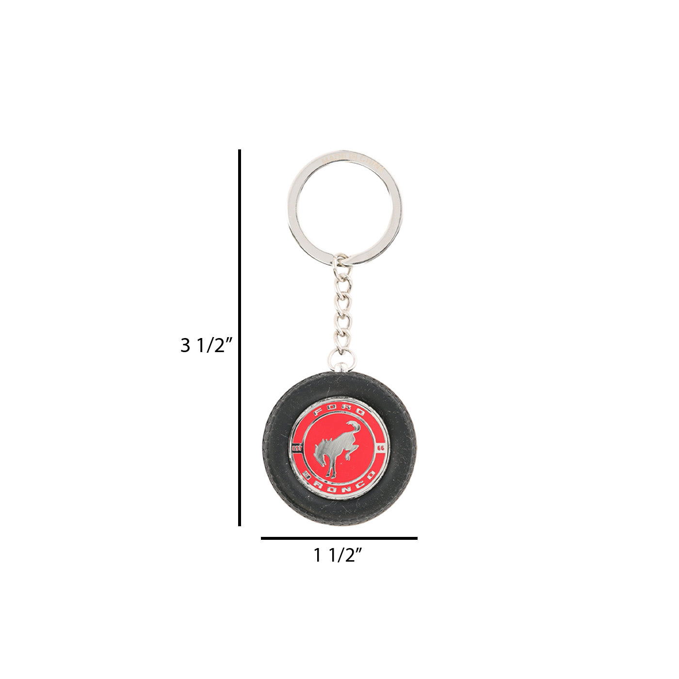 Keychain with a red circular design and measurements on a white background