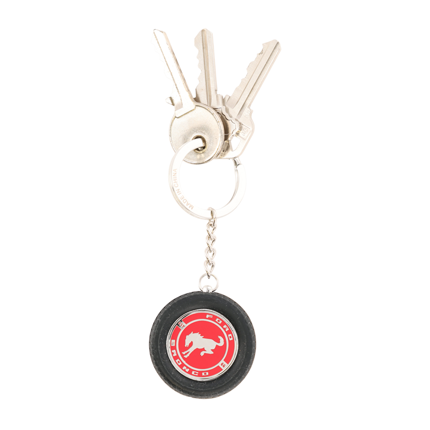 Keychain with a red and black logo on a white background