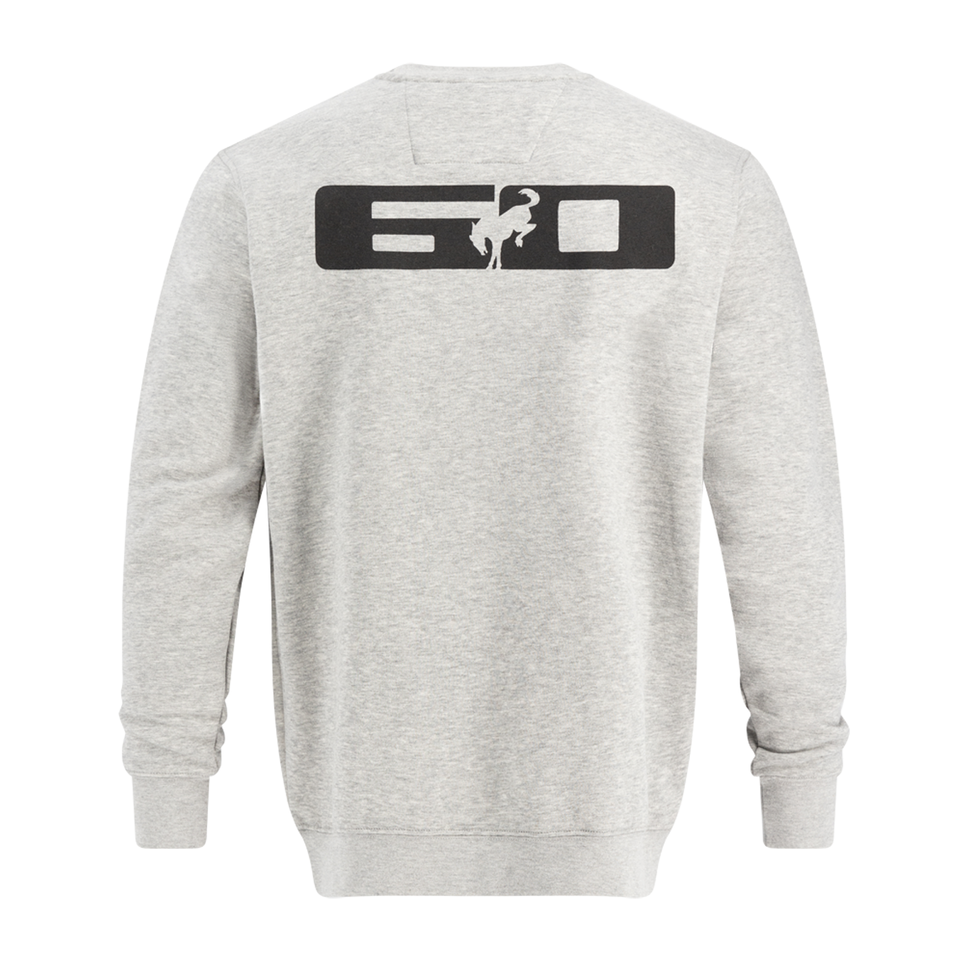 Gray sweatshirt with a black logo on the back against a white background