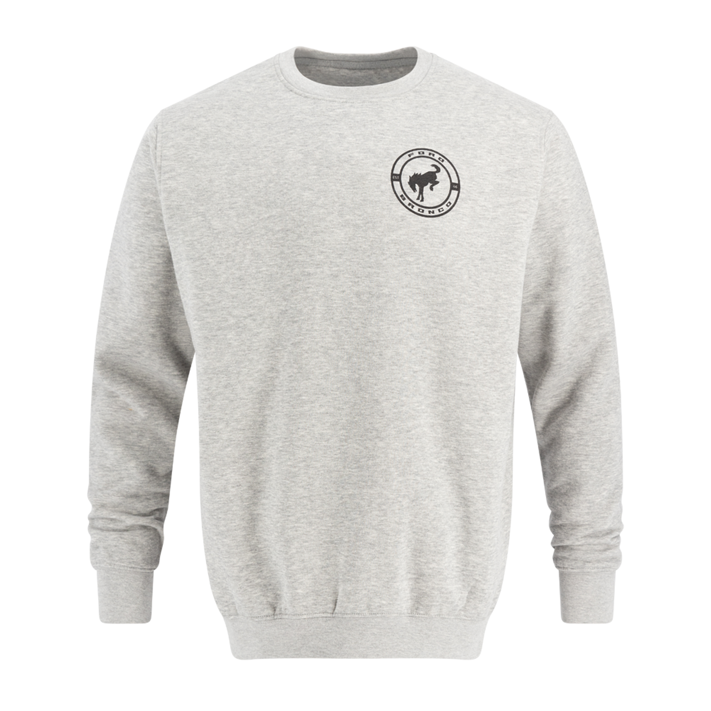 Gray sweatshirt with a black logo on a white background