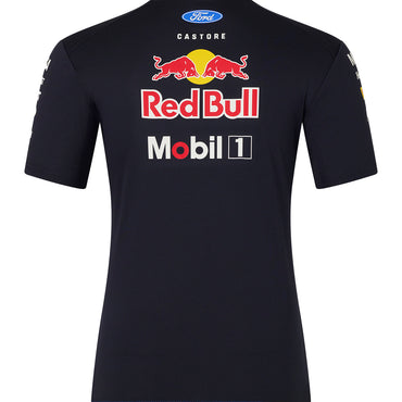 Black t-shirt with Red Bull and Mobil 1 logos on a white background