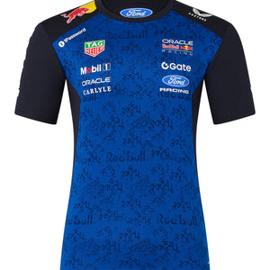 Blue and black ford racing and red bull racing shirt with various sponsor logos on a white background