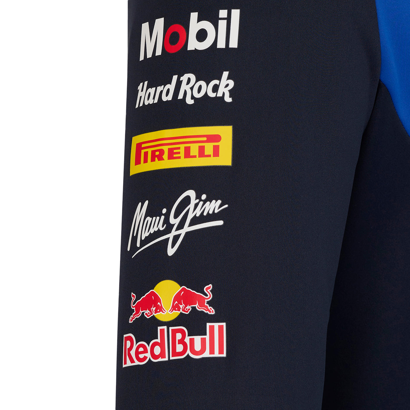 Navy blue fabric with various logos including Mobil, Hard Rock, Pirelli, Maui Jim, and Red Bull.