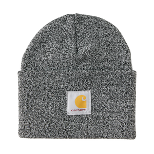 Gray knit beanie with Carhartt logo on a white background