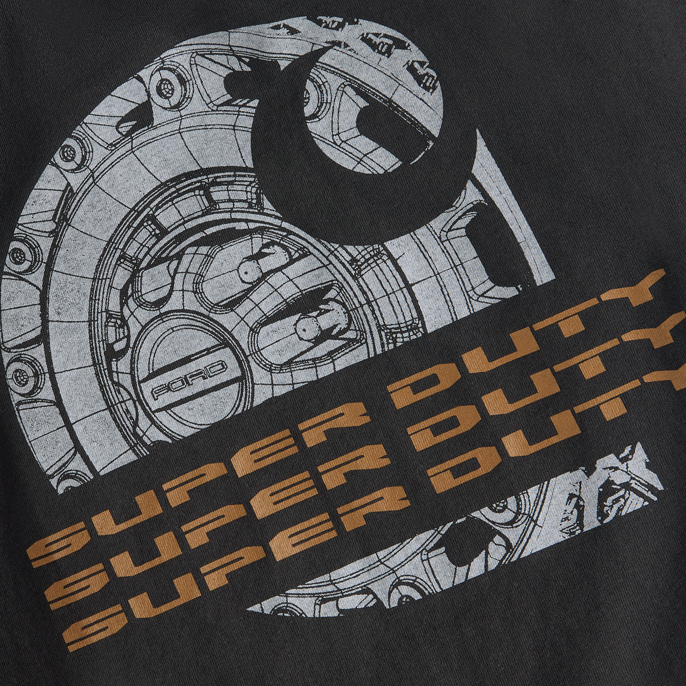 Black t-shirt with Ford engine diagram and 'Super Duty' text in orange.