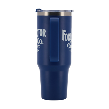 Blue tumbler with 'Ford Motor Co.' text on a white background