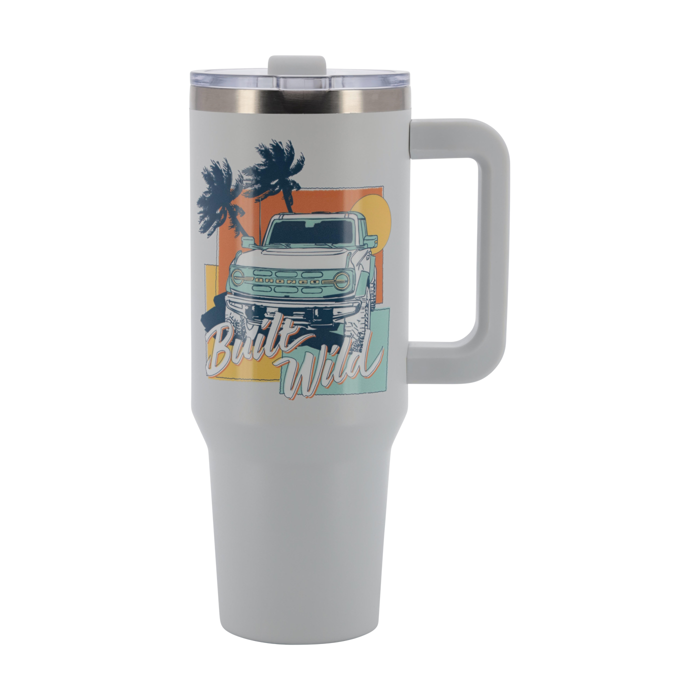 Travel mug with a graphic of a Ford Bronco truck and palm trees on a white background