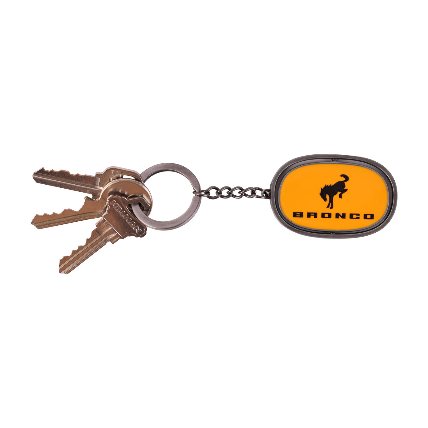 orange Bronco key chain with a key ring and keys attached
