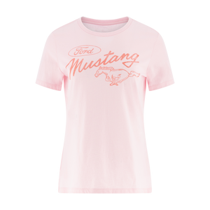 Pink Ford Mustang t-shirt with orange mustang script and pony logo