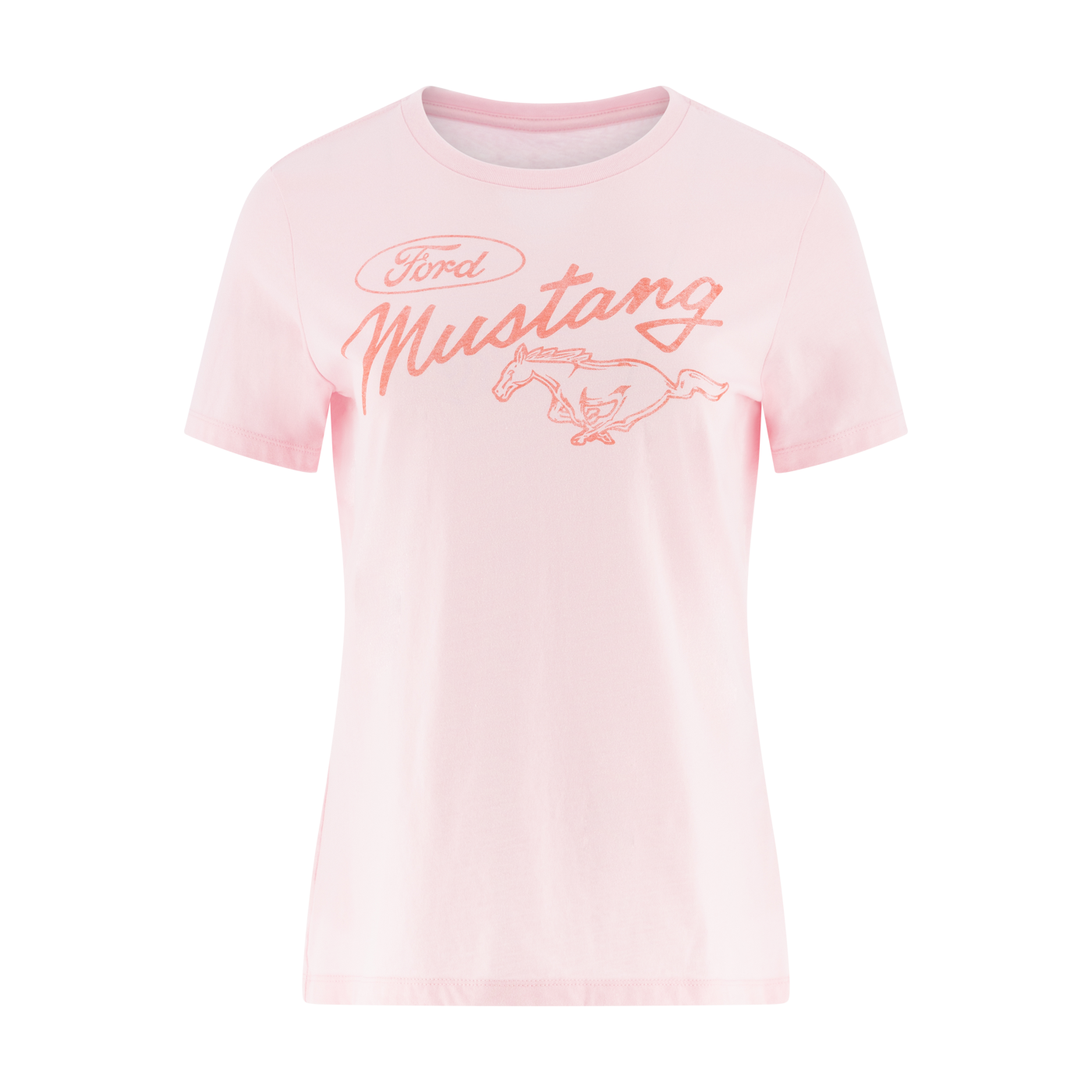 Pink Ford Mustang t-shirt with orange mustang script and pony logo