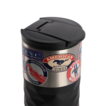 top of a mustang tumbler with a black flip top lid