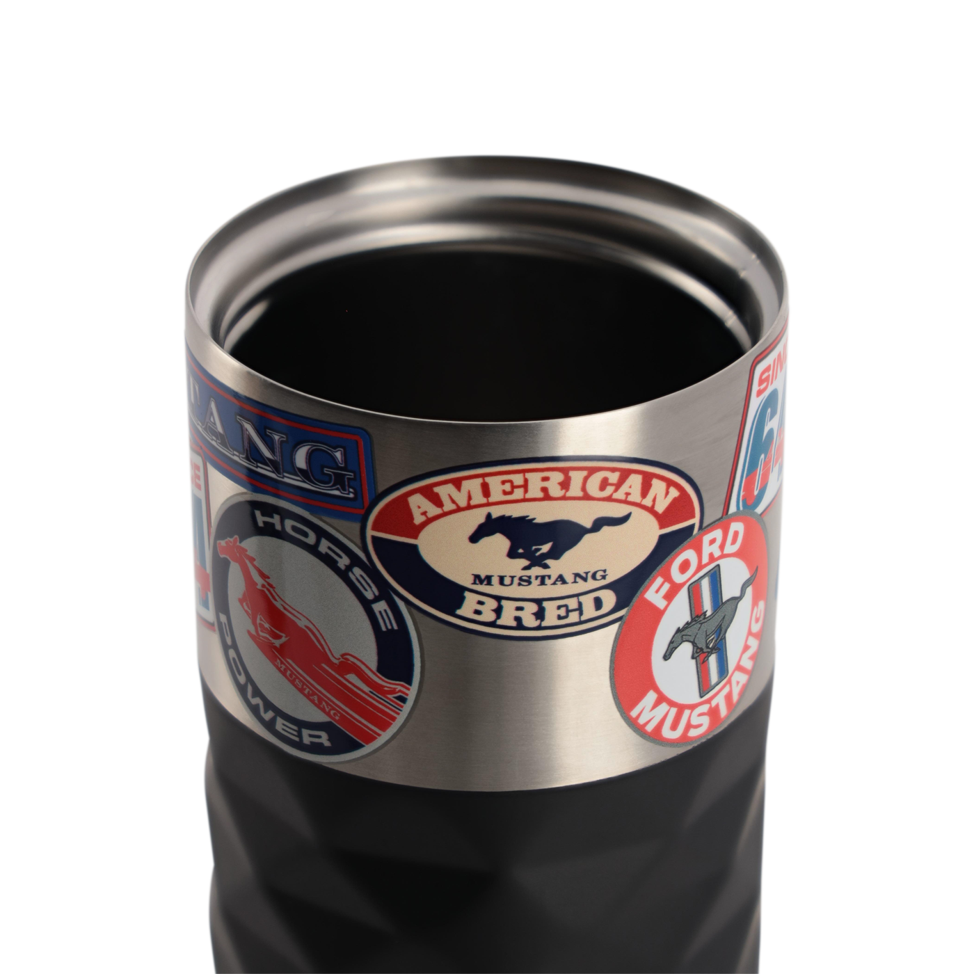 top of a mustang tumbler with the lid unscrewed