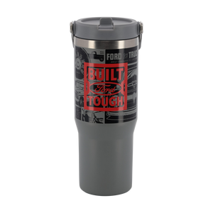 red built ford tough logo on a graphic ford truck logo background on a gray tumbler