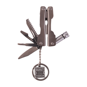 Multitool with multiple tools and a 'Built Ford Tough' charm on a white background
