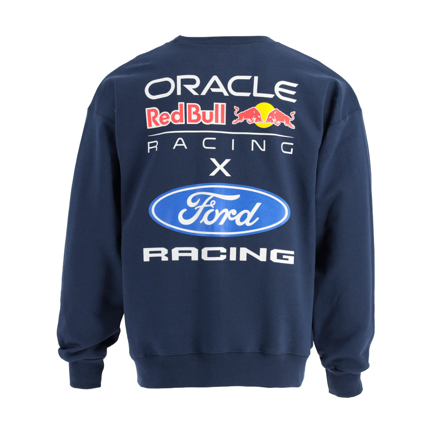 Navy blue sweatshirt with Oracle Red Bull Racing and Ford Racing logos on a white background