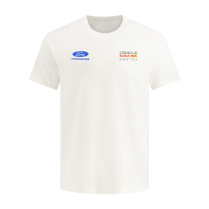 ford racing and red bull oracle racing logos on white t-shirt