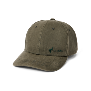 green hat with a dark green filson logo and bronco horse logo