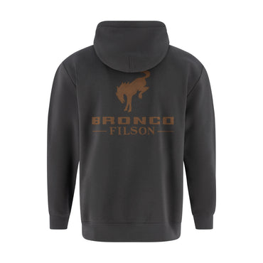 Dark gray hoodie with 'Bronco Filson' logo on the back against a white background