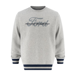 gray sweatshirt with gray ford script and navy striped cuffs and hem