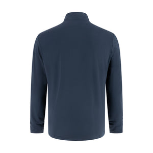 back of a collared blue quarter zip on a white background