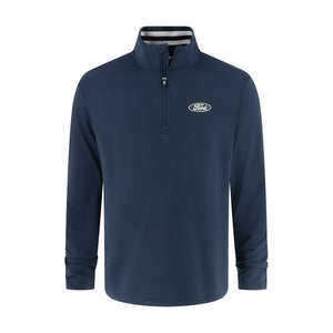 FRONT OF a navy blue quarter zip with a blue ford oval on the front on a white background