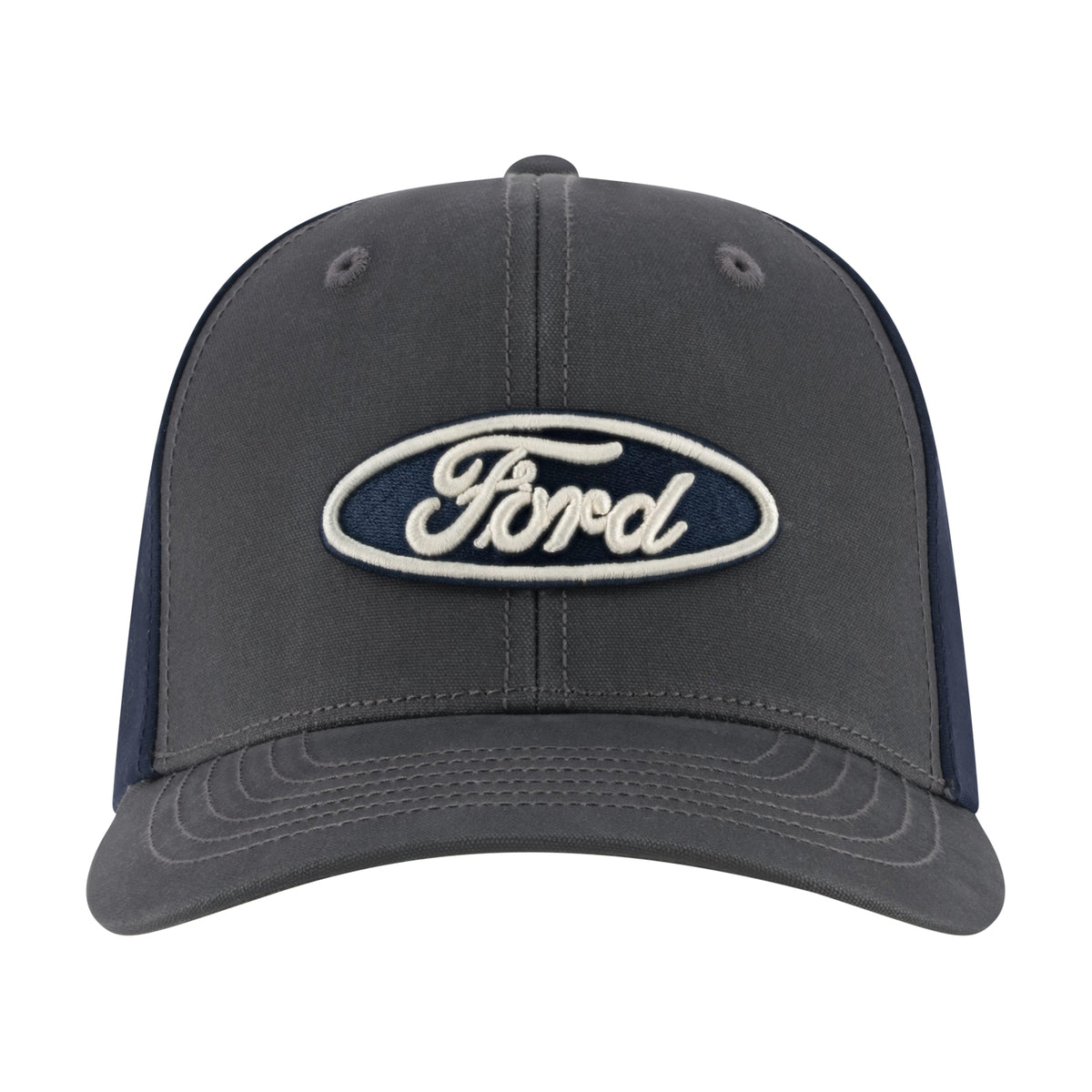 A dark gray Ford trucker-style cap with navy blue mesh side panels and a prominent embroidered oval Ford logo patch on the front, set against a plain white background.