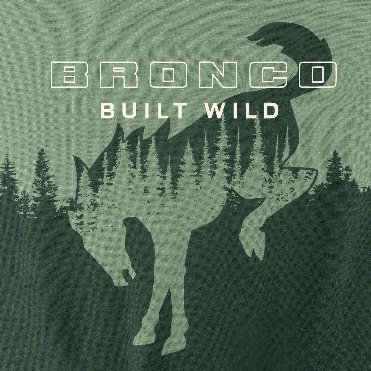 close up of a forest line with a bronco logo with white bronco built wild line art on a green background