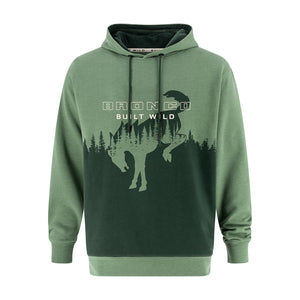 Green Bronco hoodie with Bronco built wild text and an ombré dark green tree line with a bucking bronco graphic