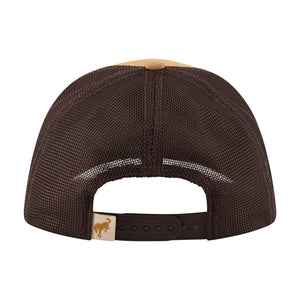 Back view of a dark brown trucker hat with a mesh back, tan leather top panel, and an adjustable black snapback strap with a small tan logo patch.