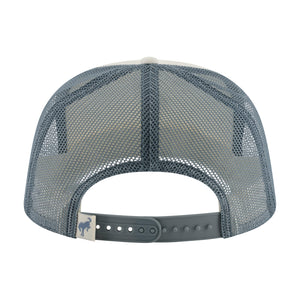 Bronco brand trucker hat shown from the back, featuring a slate blue-gray mesh back, a matching gray plastic snap closure, and a small blue horse logo on the adjustment strap.