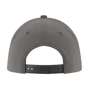 The back view of a dark gray baseball cap with a black adjustable strap and button closure, shown on a solid white background.