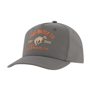 A gray baseball cap featuring embroidered orange and beige text and graphic on the front panel, including 'Ford Motor Co', 'EST 1966', and 'Bronco'.