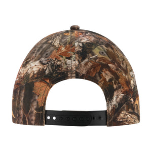 Rear view of a baseball cap with a woodland camouflage pattern featuring brown, beige, and black tones, with a black adjustable snapback strap.