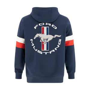 back of a navy blue red and white striped sweatshirt with a Ford Mustang tribar pony logo graphic on a white background