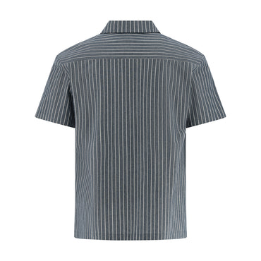 Short-sleeve button-up shirt shown from the back, featuring a vertical pinstripe pattern in dark gray and white on a solid white background.