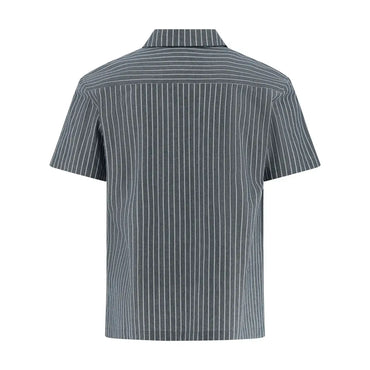 Short-sleeve button-up shirt shown from the back, featuring a vertical pinstripe pattern in dark gray and white on a solid white background.