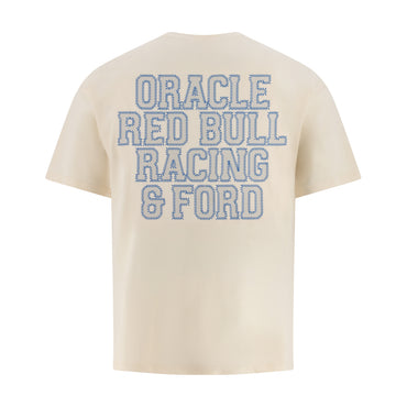 A cream-colored short-sleeve t-shirt shown from the back, featuring the text 'ORACLE RED BULL RACING & FORD' printed in a blue dotted-out font.