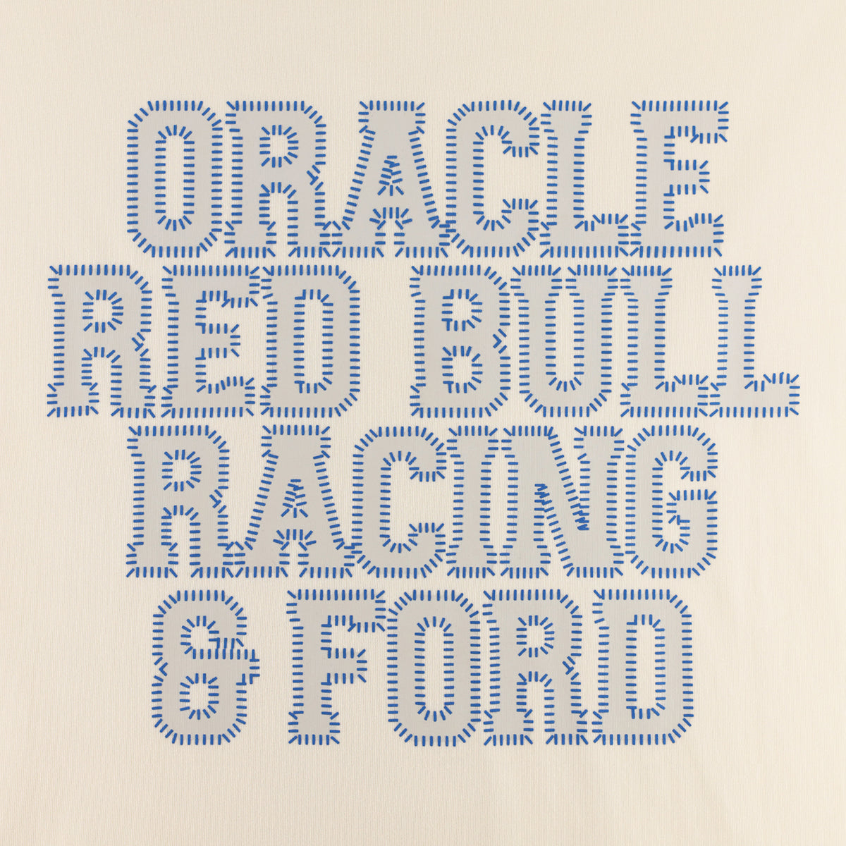 A graphic print featuring the text 'ORACLE RED BULL RACING & FORD' in stylized blue block letters with a stitched or dotted texture, set against a solid light beige background.