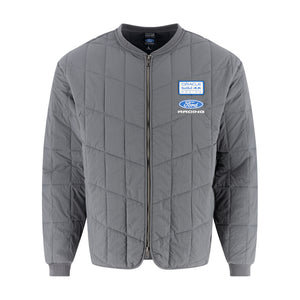 A gray quilted zip-up jacket with a blue and white Ford Racing patch on the left chest, displayed on a clean white background.