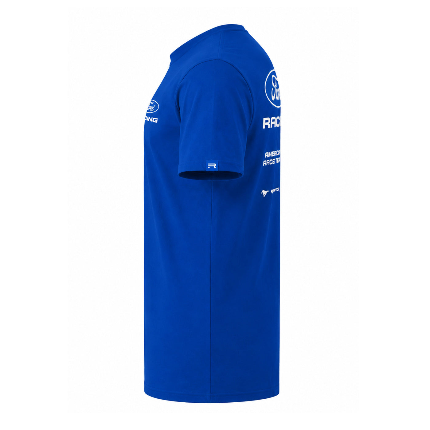 A royal blue short-sleeve t-shirt shown from the side profile against a solid white background, featuring white Ford Racing graphics on the chest and sleeve.