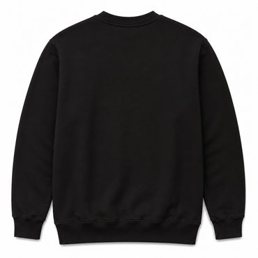 A black crewneck sweatshirt shown from the back, laid flat against a solid white background.