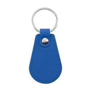 A blue leather keychain tag with a silver metal split ring and a silver snap button, shown on a plain white background.