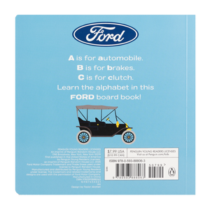 back of a Ford children's book about the alphabet in blue