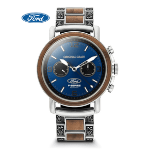 Ford branded watch with blue face and wooden accents on a black background